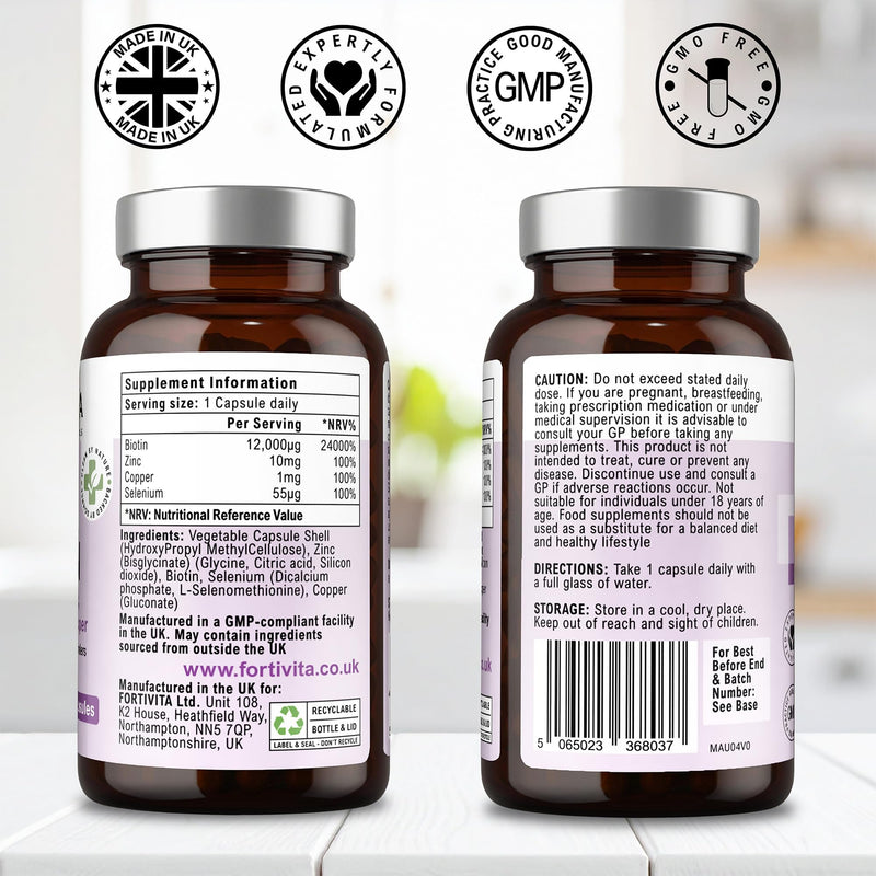 Biotin 12000 µg with Albion® Zinc, Selenium & Copper – High Strength Supplement for Hair, Skin & Nails – 90 Vegetarian Capsules – Made in the UK – GMO Free, No Synthetic Fillers