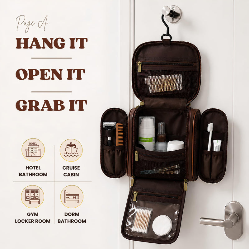 PageA Compact Travel Toiletry Bag for Men, Portable Hanging Dopp Kit | Water-Resistant PU Leather, 360° Hanging Hook, Multiple Compartments, Matching Dust Bag