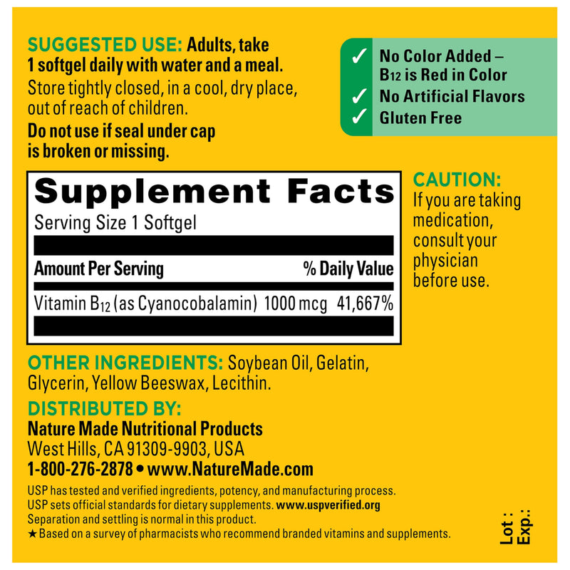 Nature Made Vitamin B12 1000 mcg, Energy Metabolism Support, 150 Softgels | B12 Vitamins 1000 mcg, Energy Metabolism Support Supplement for Women and Men, Gluten Free, 150 Day Supply 150 Count (Pack of 1)
