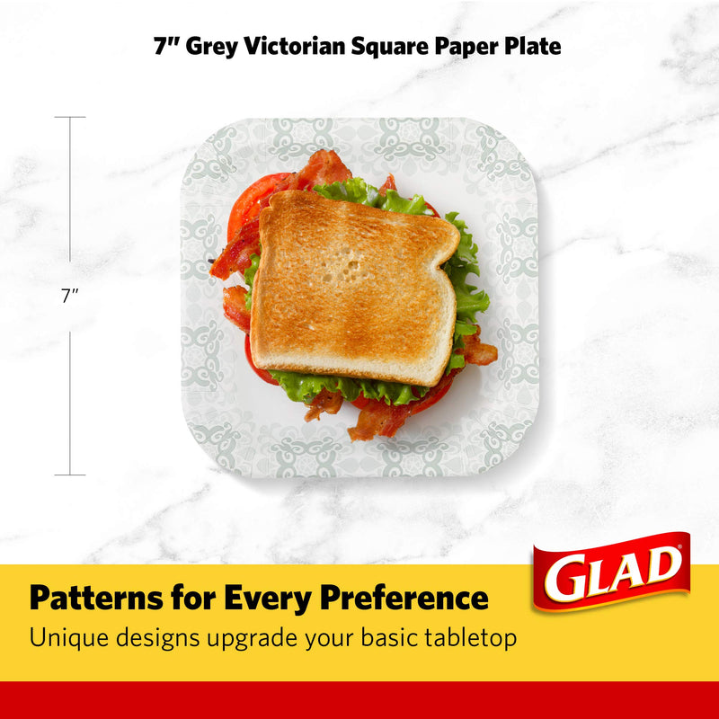 [Australia] - Glad Square Disposable Paper Plates with Gray Victorian Print|Soak /Cut-Proof, Microwaveable Heavy Duty, Disposable , 7 Inches, 50 Count|Square Party plates Bulk 7 Inch - 50 Count 