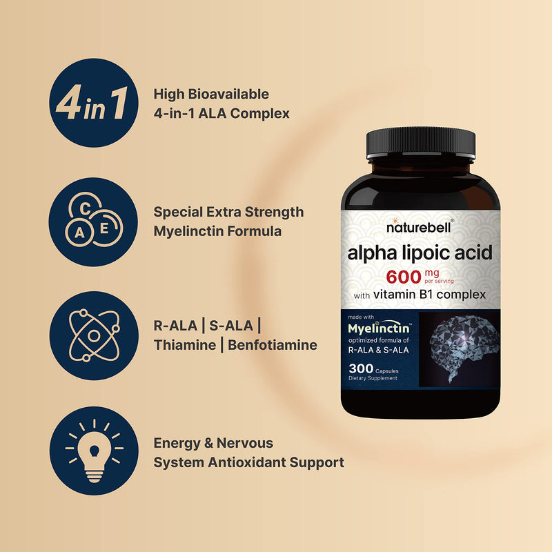 Alpha Lipoic Acid 600mg w/ B1 Complex | 300* Capsules, 4 in 1 Myelinctin Formula, R-ALA | S-ALA | Thiamine | Benfotiamine, High Bioavailability and Potency, Third Party Tested, Non-GMO & NO Gluten