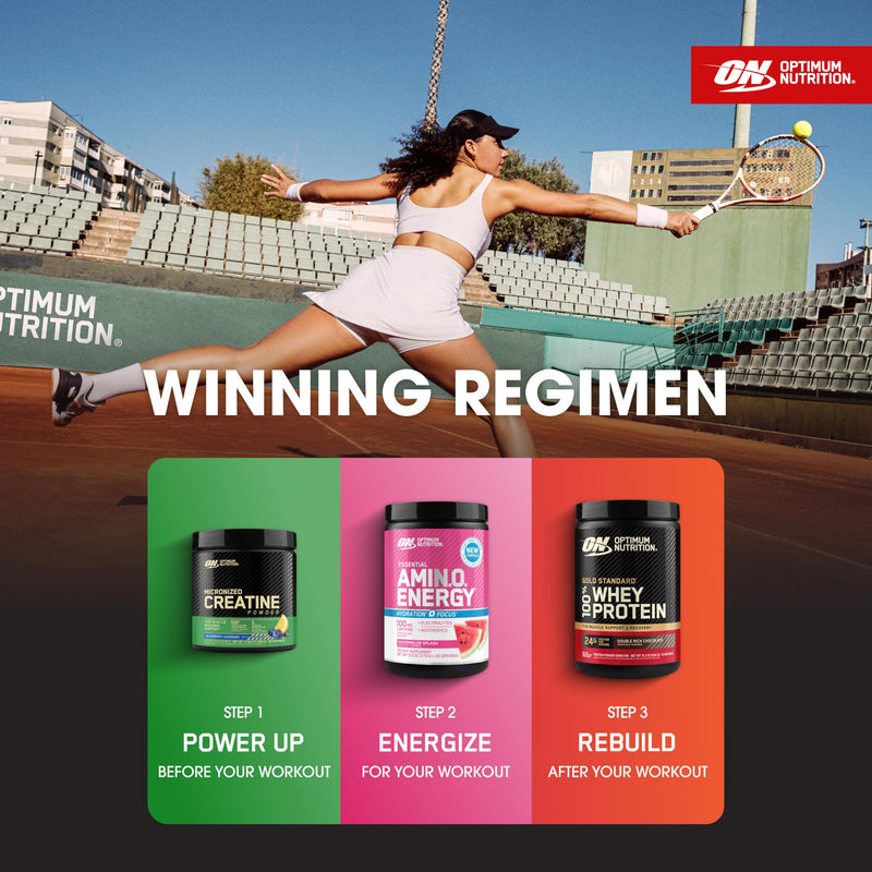 Optimum Nutrition, Amino Energy Powder Plus Focus, with Bcaa, Electrolytes, and Caffeine, Watermelon, 30 Servings | Contains BCAAs, Electrolytes, 100 mg Caffeine, 5g Amino Acids, Zero Sugar, Supports Hydration, Banned Substance Tested