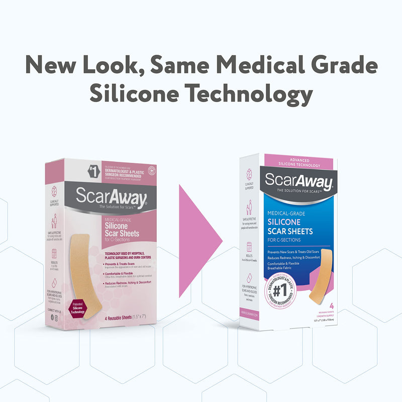[Australia] - ScarAway Advanced Silicone Scar Sheets for C-Section, Reusable Sheets (1.5” x 7”) for Hypertrophic and Keloid Scars from C-Section & Other Surgeries, 4 Sheets 