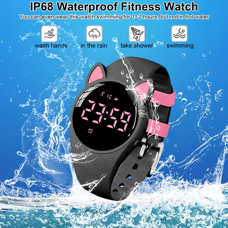 [Australia] - Kids Fitness Tracker Pedometer Watch No App/Bluetooth,20-Day Battery Life Rechargeable Watch, IP68 Waterproof Digital Watch for Girls Boys, Fitness Watch with Alarm Clock Step/Distance/Calorie Counter Black+Pink(LED display) 