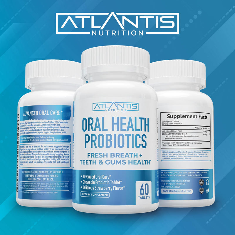 [Australia] - Atlantis Nutrition Oral Probiotics Chewable Tablet - Dental Probiotic for Gum Care & Teeth Care - Bad Breath Treatment for Adults - 3 Billion CFU Probiotic Blend - Strawberry Flavor - 60 Tablets 60 Count (Pack of 1) 