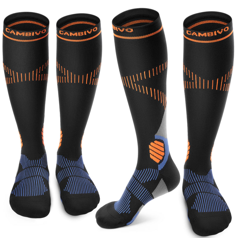 CAMBIVO Compression Socks for Women and Men - 2 Pairs 15-20 mmHg Knee-High Support Stockings for Nurses, Running, Travel Large-X-Large Black/Orange