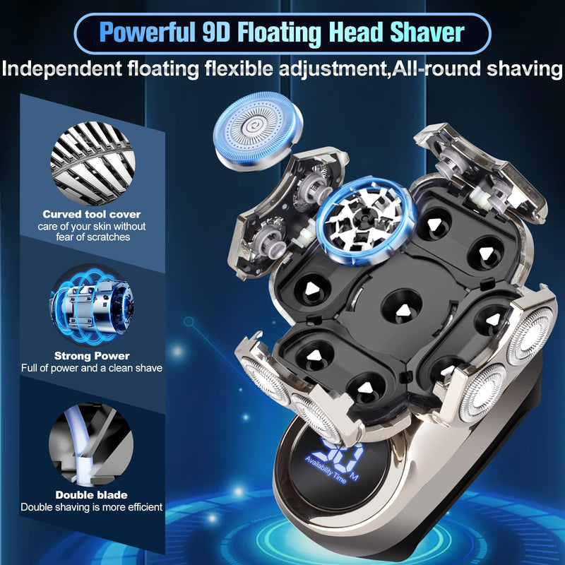 [Australia] - 9D Head Shavers for Bald Men, Electric Razor for Men to Shave Fast with LED Display, Cordless Rechargeable, IPX7 Waterproof Wet/Dry Rotary Shaver Kit with Nose Hair Trimmer Shaver, Gift for Mens Gunmetal 
