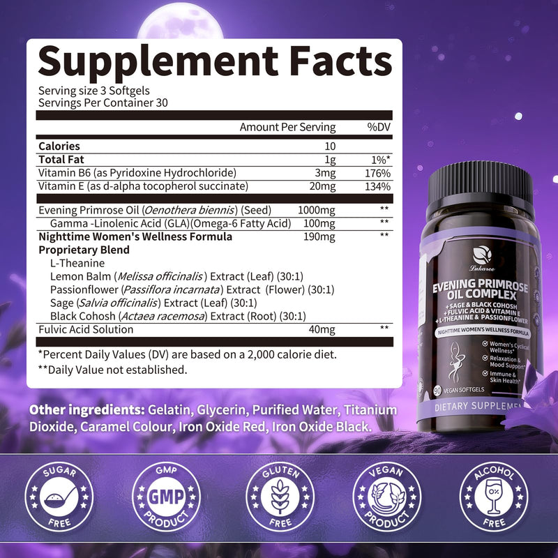 [Australia] - 2 Pack Evening Primrose Oil Complex for Women ‚Äì Hormone Wellness with Cold-Pressed EPO, 10% GLA, Sage, Fulvic Acid, L-Theanine ‚Äì Cyclical Balance, Mood, Skin & Immune Health, 180 Softgels 2 Pack 