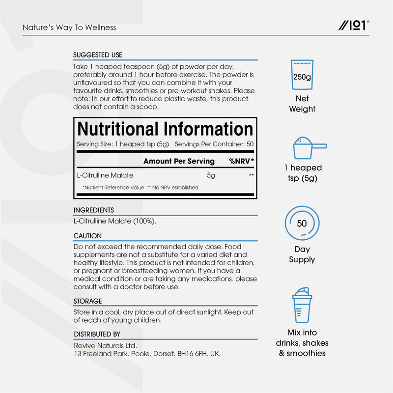 L-Citrulline Malate Powder 250g – 2:1 Ratio Fermented Amino Acid – Unflavoured – 100% Pure – Resealable and Recyclable Pouch by Alpha01