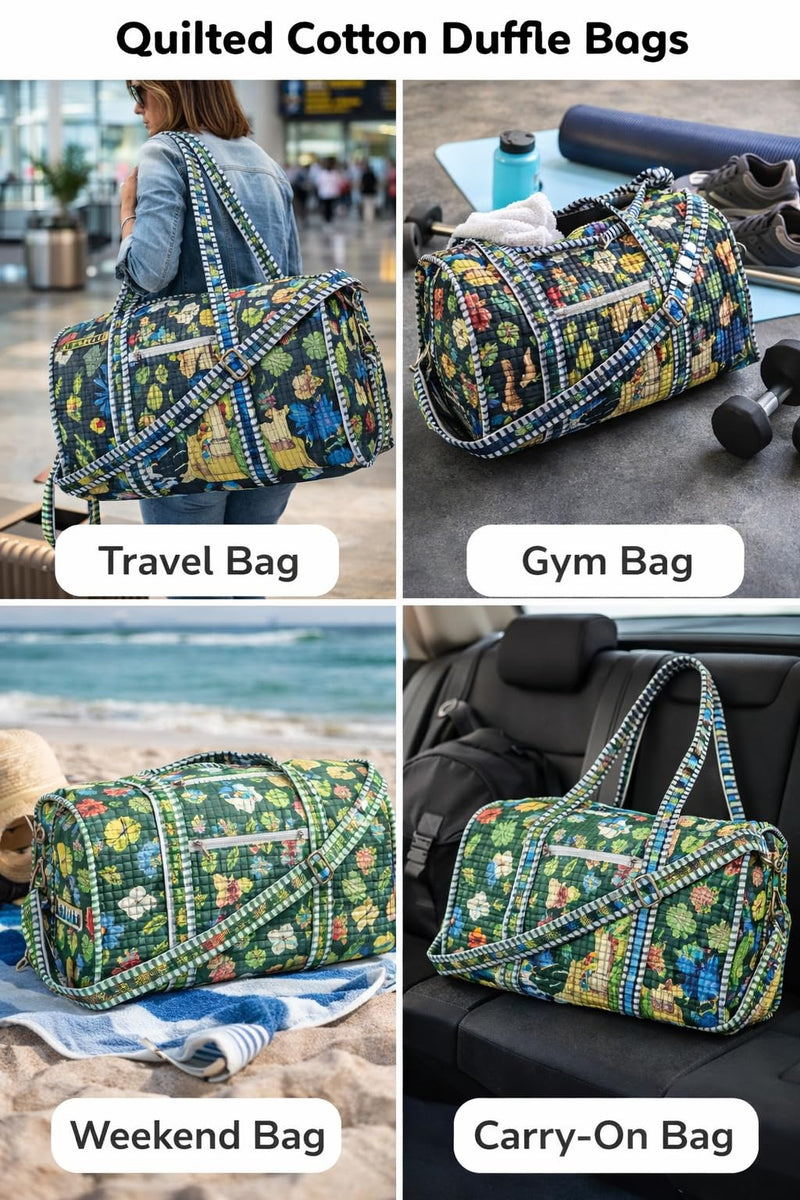 Cotton Quilted Weekender Bag for Women, Large Block Print Duffel Bag with Shoulder Strap, Carry On Overnight Travel Bag for Gym, Beach & Yoga (Midnight Meadow Quilted Duffle) Midnight Meadow Quilted Duffle
