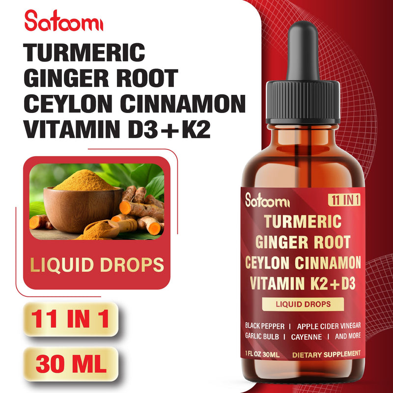 11in1 Liquid Turmeric Supplement for Immunity, Heart & Energy – with Vitamin D3, K2 MK7, Ginger, Garlic, Ceylon Cinnamon, Berberine, Ginseng, Apple Cider Vinegar – 30ml Drops – 60 Servings