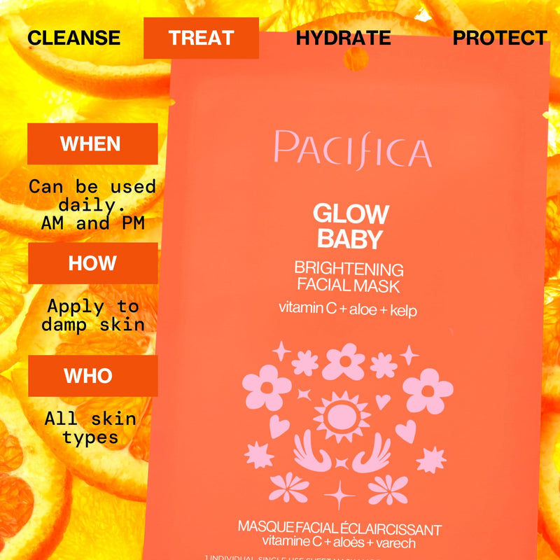 Pacifica Glow Baby Brightening Vitamin C Face Mask 4-Pack – Hydrating Serum-Soaked Sheet Mask for Glowing Skin, Fights Dullness & Dark Spots, Infused with Aloe & Kelp, 100% Vegan & Cruelty-Free 1 Count (Pack of 4)
