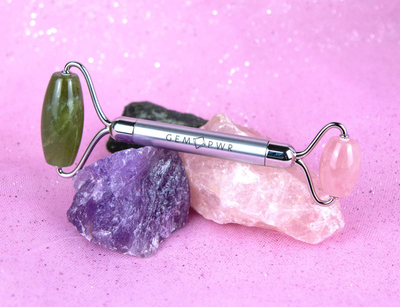 [Australia] - Rose Quartz + Jade Roller for Face and Neck Massage, Dual Gemstones with Durable Steel Handle and Travel Bag. Minimize Wrinkles, Reduce Puffiness and Restore Skin's Elasticity and Radiance Jade + Rose Quartz 