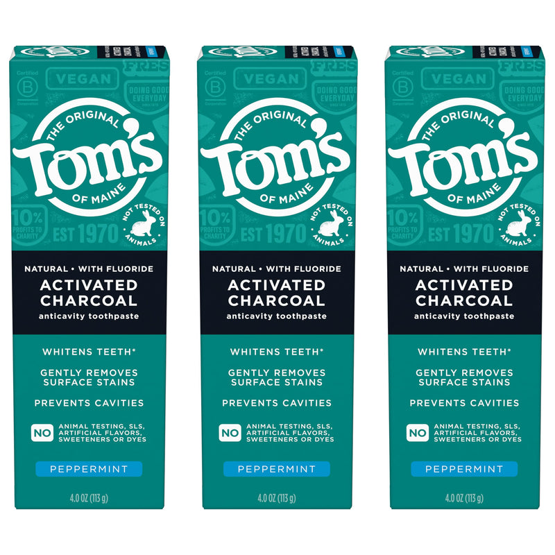 [Australia] - Tom’s of Maine Natural Activated Charcoal Toothpaste with Fluoride, Peppermint, 3 Pack, 4.0 Oz 