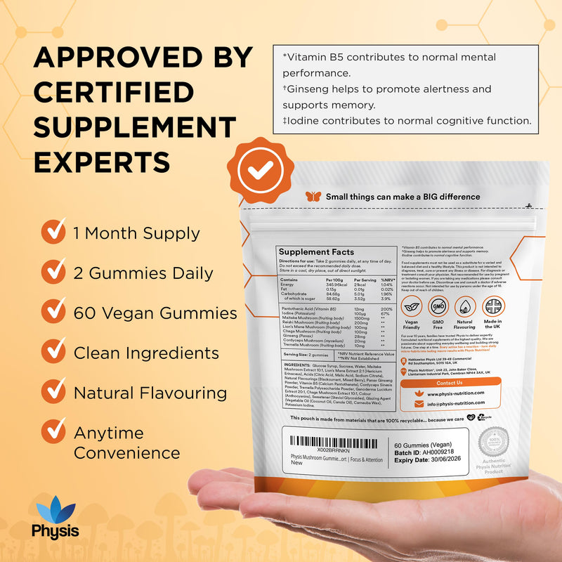 Physis Mushroom Gummies +Vitamin Complex | Attention On Mushroom Blend | Alertness Cognition Memory | Lions Mane Cordyceps Reishi Maitake Tremella Ginseng Iodine Vit B5 | 60 x Vegan Juicy Blackcurrant