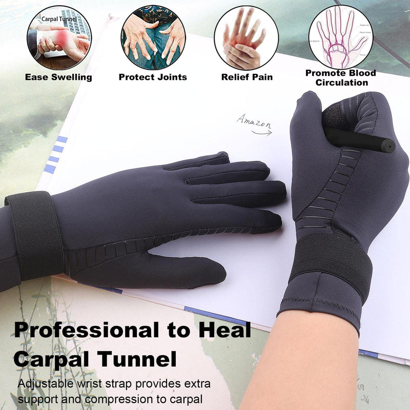 2 Pairs Full Finger Copper Arthritis Compression Gloves for Women Men with Wrist Strap, Compression Gloves for Carpal Tunnel, Hand Pain Relief, Swelling, Typing with Touchscreen Tips (Large/X-Large) Large / X-Large (2 Pairs) Black