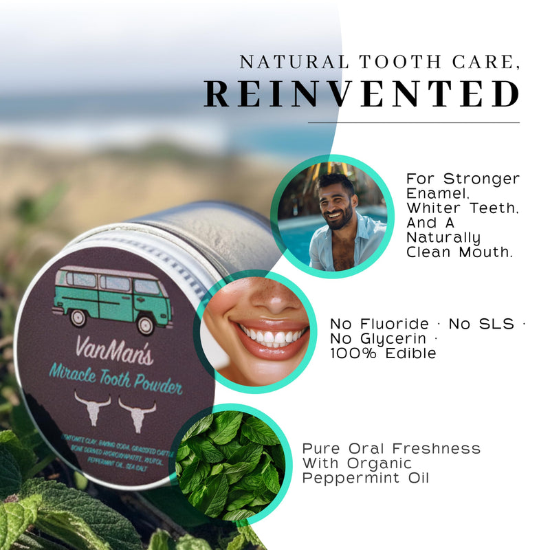 Vanman’s - Mint and Bone Tooth Powder Toothpaste - Remineralizing Tooth Powder with Cattle Bone Derived Hydroxyapatite, Bentonite Clay, Peppermint Oil and Baking Soda - 2.2 oz Miracle Tooth Powder - Mint-Bone 2.2 Ounce (Pack of 1)