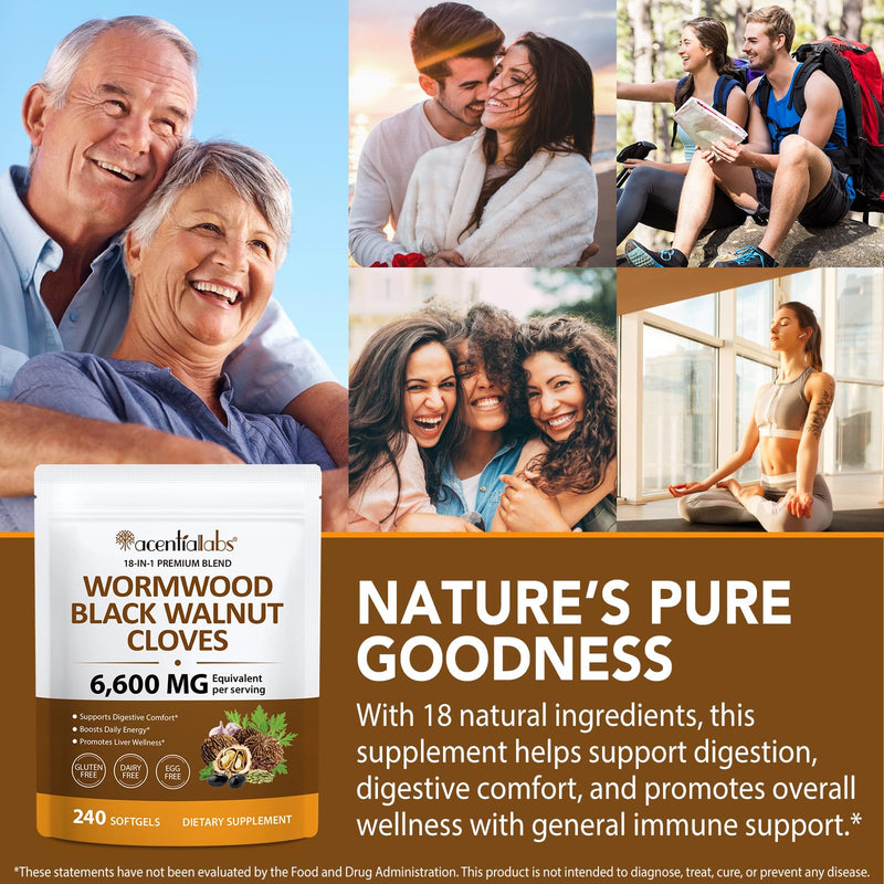 240 Count Wormwood Black Walnut Clove Capsules | 6600 mg per Serving | 18-in-1 Premium Herbal Blend Softgels | Supports Digestive Comfort & Cleanse, Liver Wellness & Daily Energy