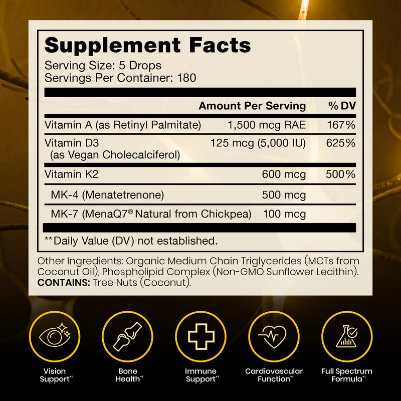 Vegan Vitamins A, D3 & K2 Liquid Drops, 10 mL, 3 Month Supply 0.34 Fl Oz (Pack of 1)