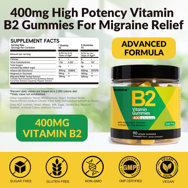 Riboflavin Vitamin B2 Gummies 400mg for Adults & Kids | Migraine Supplement with Magnesium, Turmeric, Cayenne Pepper, Butterbur for Energy & Nervous Support | Vegan, Sugar Free, 90 Count