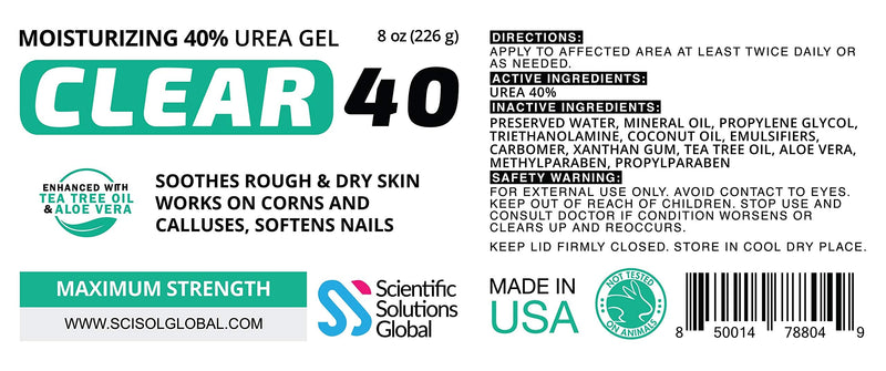 [Australia] - Clear 40, 40% Urea Gel, 8 oz w/Tea Tree & Coconut Oil, Aloe Vera Extract, Works on Calluses & Corns, Moisturizes & Softens Cracked Heels, Feet, Elbows, Hands, Nails, Superior Hydration to Urea Creams 
