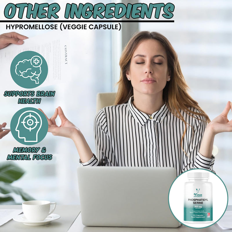 Vinco Phosphatidylserine Supplement - 120 High Strength Phosphatidylserine Capsules - 300mg Per Serving - Non GMO & Gluten Free (White) White