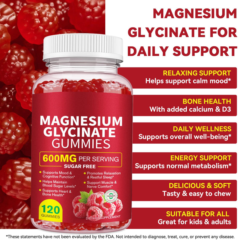 Magnesium Glycinate Gummies,600mg High Absorption Magnesium Supplement for Women,Kids & Adults, 3-in-1 Magnesiums Glycinate Gummies with Malate, Zinc, D3, B6 & Taurine