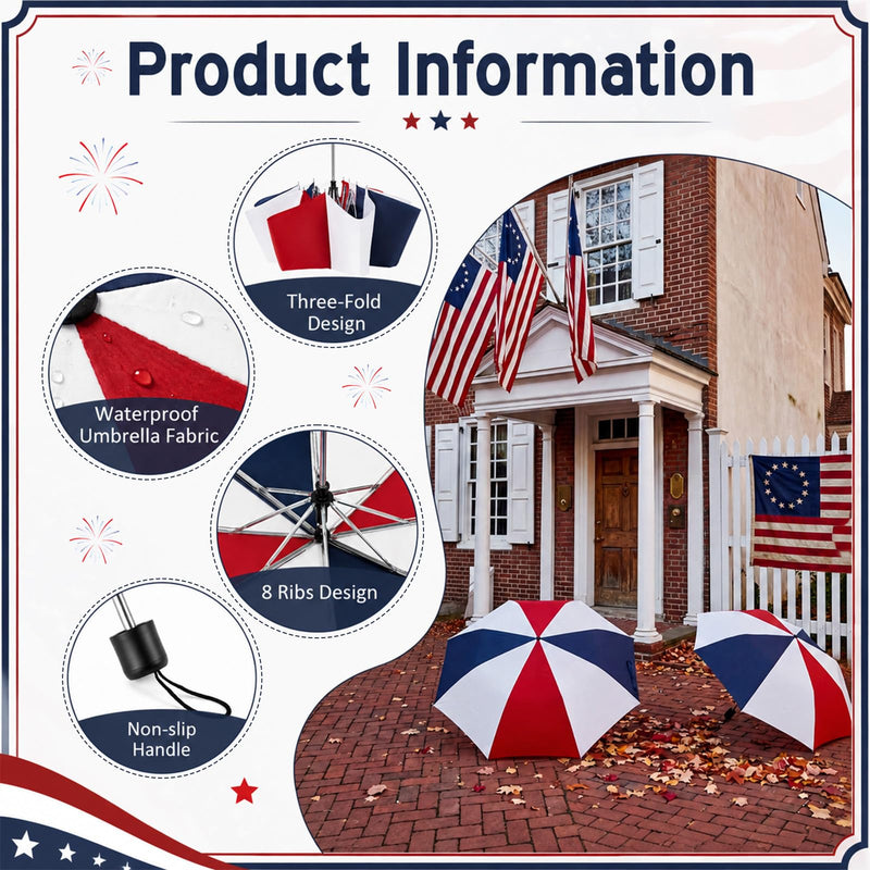 Patriotic Umbrella Bulk White Red Blue Folding Umbrella for 4th of July American Flag Patriotic Veterans Day Decorative Parasol for Men Women Camping Golf Outdoor Party 12