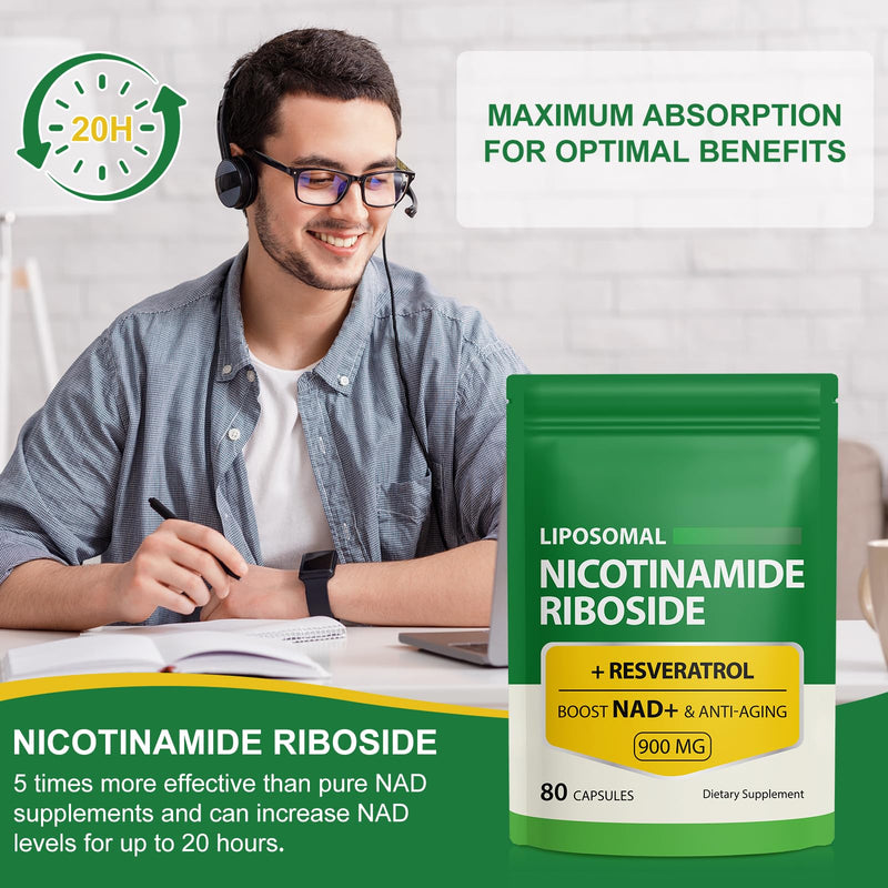 Liposomal NAD+ Supplement with Trans Resveratrol, NAD Nicotinamide Riboside Resveratrol 900mg Supplement for Anti-Aging, Energy, Focus - Gluten-Free, Non-GMO- 80 Capsules