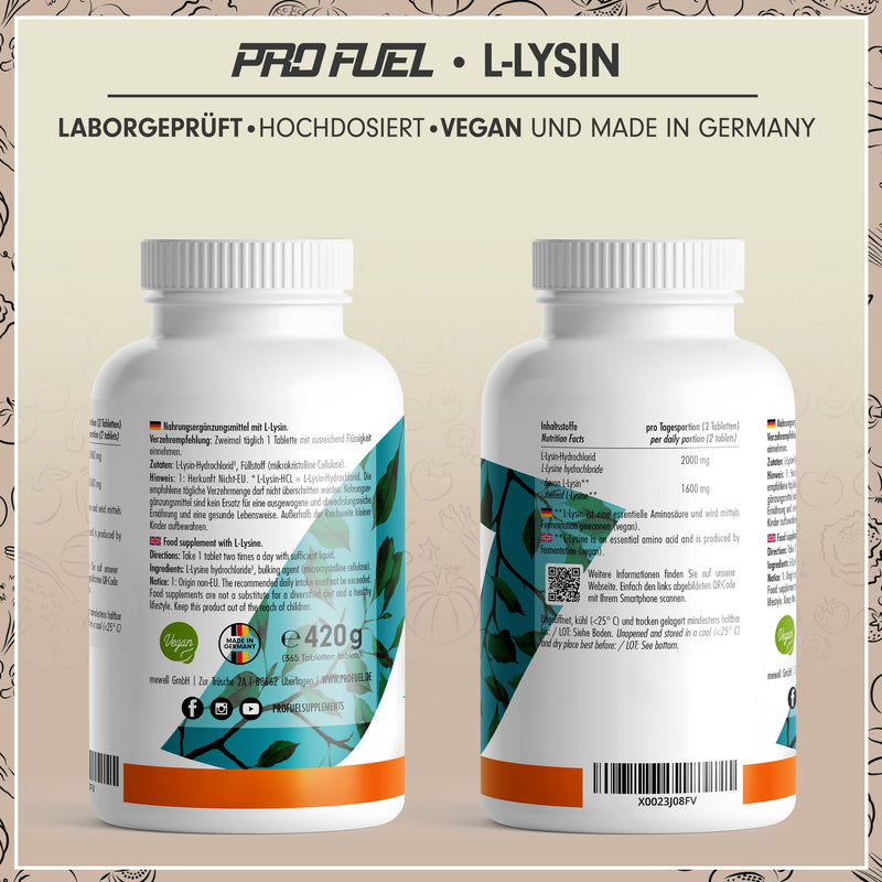 [Australia] - L-lysine tablets 365x - optimally high dose with 2000 mg lysine HCL per day, of which 1600 mg pure L-lysine - essential amino acid from fermentation - 100% vegan - laboratory tested with certificate 1x 365 tablets 
