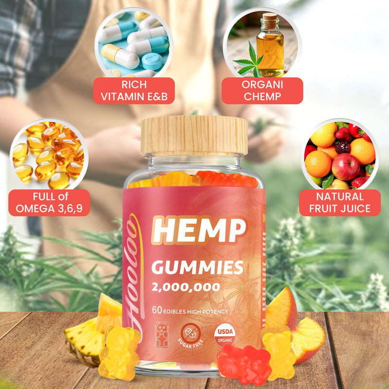 HOOLOO Hemp Gummies for Adult – High Potency 2,000,000, 100% Natural Pure Organic Sugar Free Fruity Hemp Gummies, Made in USA 2,000,000 - 2 Packs