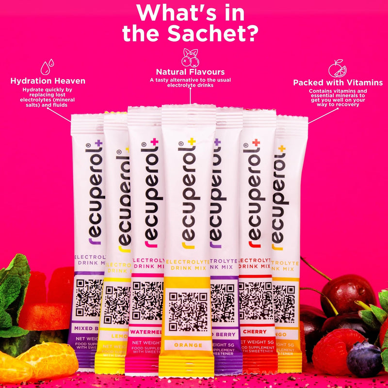 Recuperol Electrolytes Sachets - Rehydration Electrolytes Powder with Zinc, Vitamin C, B12, D3 & Potassium for Hydration - Sugar Free, Vegan & Low Calorie - Watermelon 60 Pack