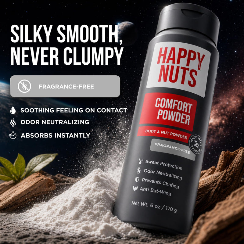 HAPPY NUTS Comfort Powder Deodorant For Men: Anti-Chafing, Sweat and Odor Control for Jock Itch, Aluminum-Free, 6 oz (1 Pack), Fragrance-Free 6 Ounce (Pack of 1)