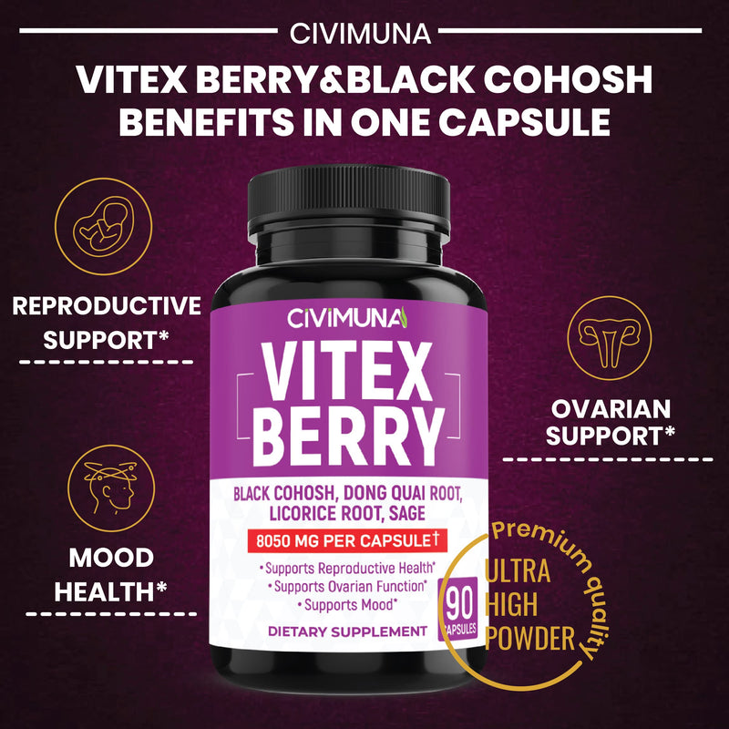 [Australia] - Vitex Berry Extract Capsules | 8050mg | 90 Capsules - 3 Months Supply | Vitex Berry, Black Cohosh Root, Dong Quai Root 