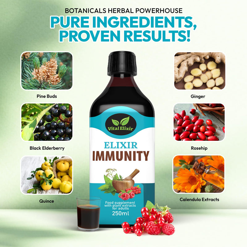 Elixir Immunity Herbal Liquid Vitamins Supplement - Black Elderberry, Vitamin C, B12, Cardamom & Calendula - Immune Support, Energy & Digestive Comfort - Vegan, Natural Fruit Flavour, 250ml