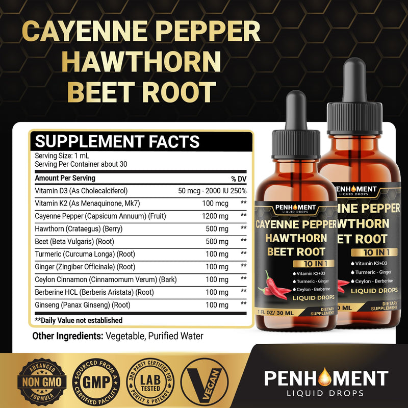 2 Packs - 2700 mg 10in1 Cayenne Pepper Liquid Drops with Hawthorn Berry, Vitamin D3 K2, Beet Root, Ginger Turmeric, Ginger, Ceylon Cinnamon, Berberine, and Ginseng - 2 Months 2 Fl Oz (Pack of 1)