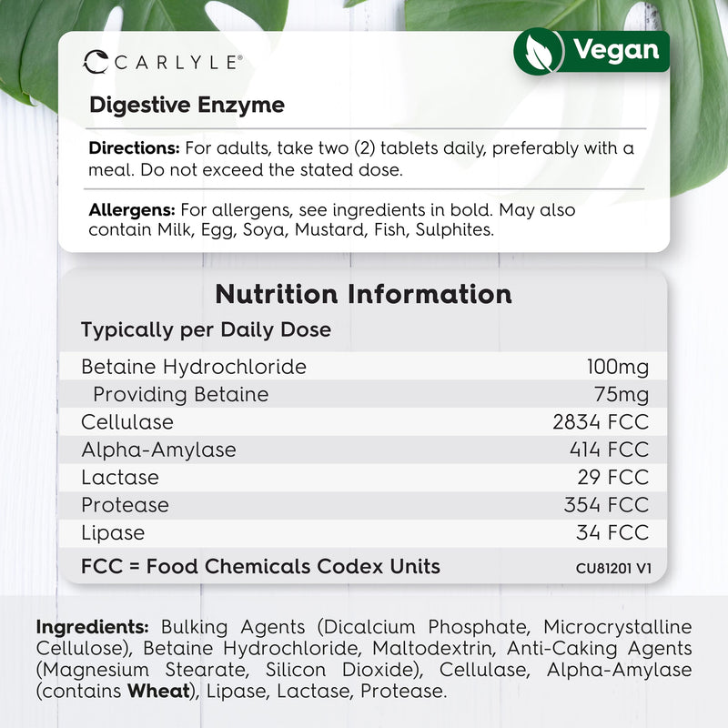 Digestive Enzyme Supplements with Betaine Hydrochloride | 120 Tablets | Complex with Lactase, Amylase & Lipase | Suitable for Vegetarians and Vegans | by Carlyle