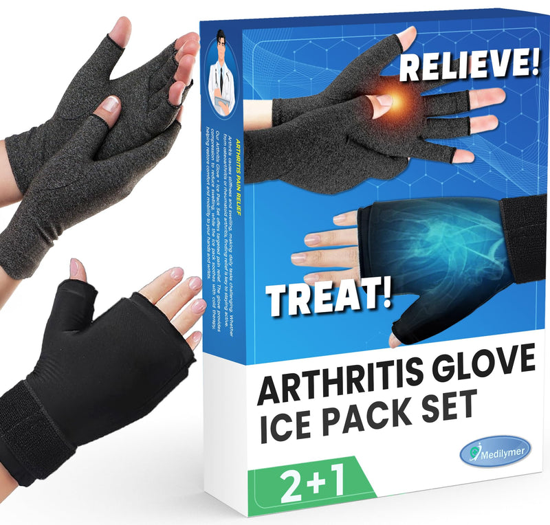 Arthritis Gloves and Ice Pack (2+1 Set) Fingerless Compression Gloves for Women and Men, Arthritis, Carpal Tunnel Medium 2 Gloves + 1 Ice Pack