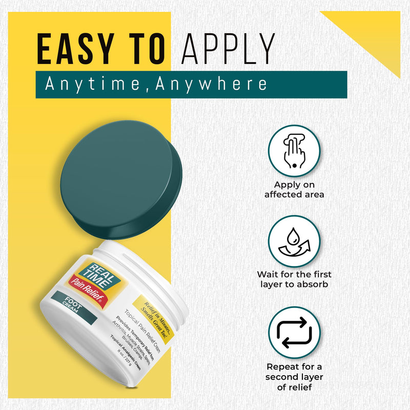 Real Time Pain Relief Foot Cream 8oz Jar | 15 Natural Ingredients: 1.5% Menthol, Tea Tree Oil, Vitamin E & Emu Oil | Advanced Neuropathy Relief & Soothing Lotion for Tired, Swollen, Sore & Aching Feet 8 Ounce (Pack of 1)