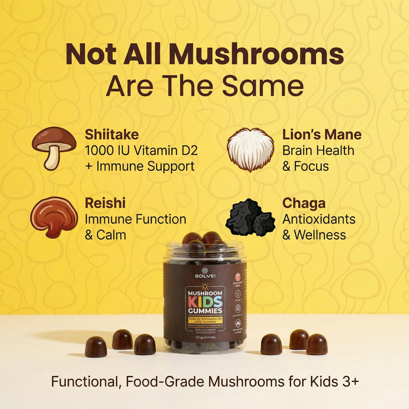 Mushroom Kids Gummies with Vitamin D2 & C | Sugar-Free, Vegan Daily Nutrition for Bones, Immunity & Focus | Lion’s Mane, Reishi, Chaga & Shiitake | Ages 3+ | 60 Gummies | Solve Labs