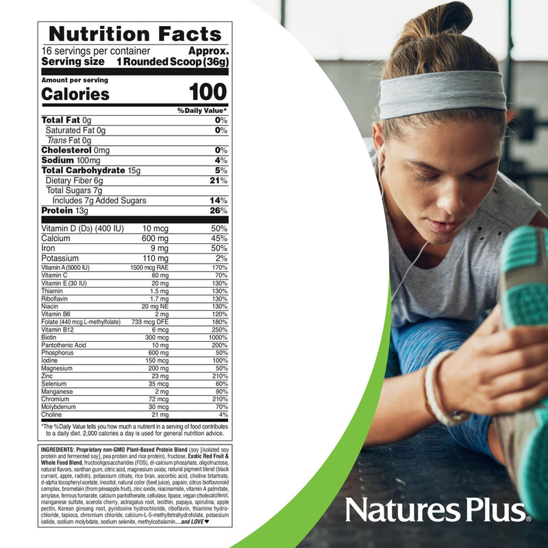 NaturesPlus FRUITEIN Exotic Red Fruit Shake - 1.3 lbs - 13 Grams of Plant-Based Protein Per Serving - Supports Energy & Immune System - Vegetarian, Gluten Free & Non-GMO - 16 Servings