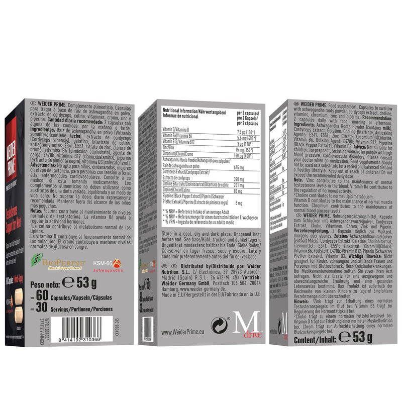 Weider Prime Testosterone Support for Men, Ashwagandha Extract (KSM-66) Supports Energy, Lean Muscle, Mental Focus, Vitality, 60 Capsules