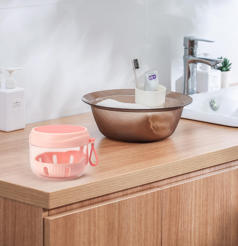 [Australia] - Denture Case, Leak Proof Denture Bath Cup for Travel, Pink Denture Container Cups for Soaking Full & Partial Dentures, Retainers, Mouth Guard with Denture Cleaner Brush, Aligner Removal Tool 
