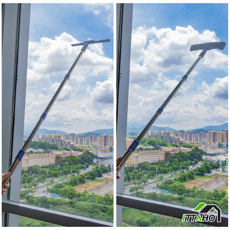 [Australia] - ITTAHO Squeegee for Window Cleaning,12" Squeegee and 11" Microfiber Scrubber Combi with Stainless Steel Pole,Extendable Window Cleaner for Car,Sliding Door,Shower Glass Door-Swivel Style-2 Pads Blue 12" Squeegee 