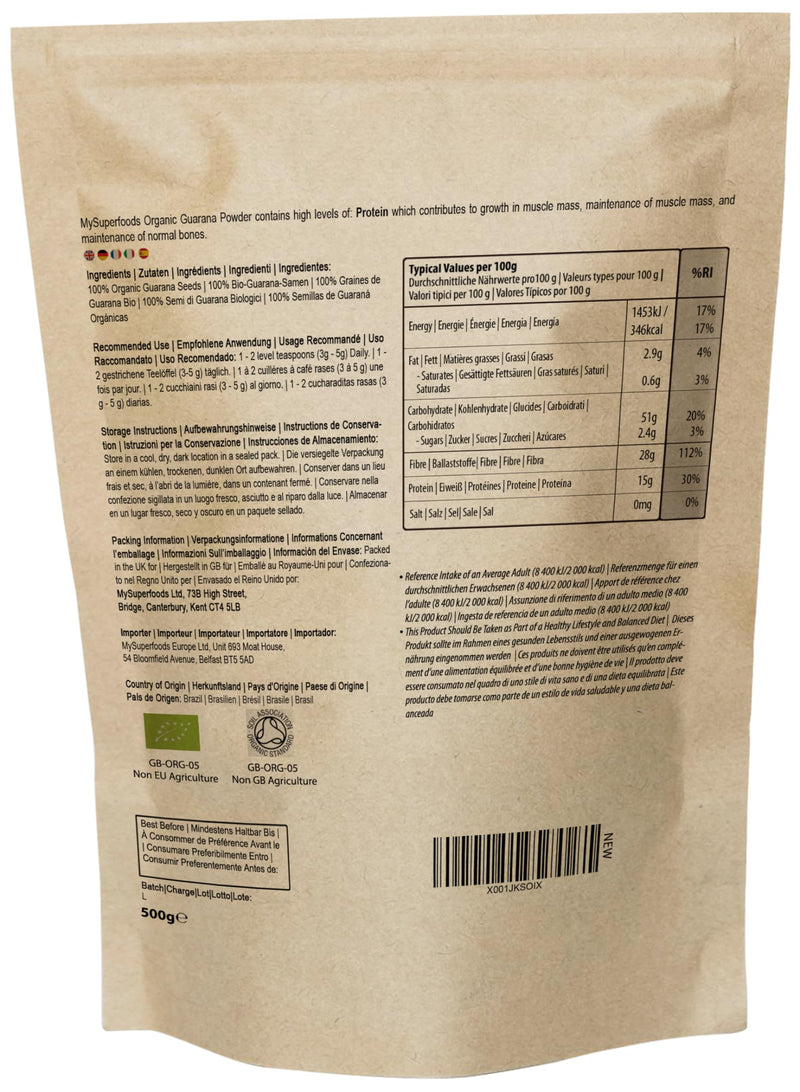 MySuperfoods Organic Guarana Powder 500g, Natural Wholefood Source of Caffeine 500 g (Pack of 1)