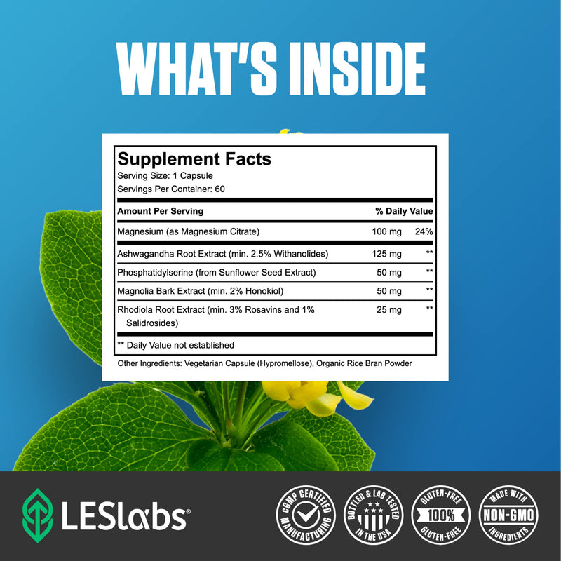 [Australia] - LES Labs Cortisol Health – Stress Relief, Balanced Cortisol Response, Relaxation & Deep Sleep – Phosphatidylserine, Magnesium, Magnolia Bark, Rhodiola Rosea & Ashwagandha – Non-GMO – 60 Capsules 