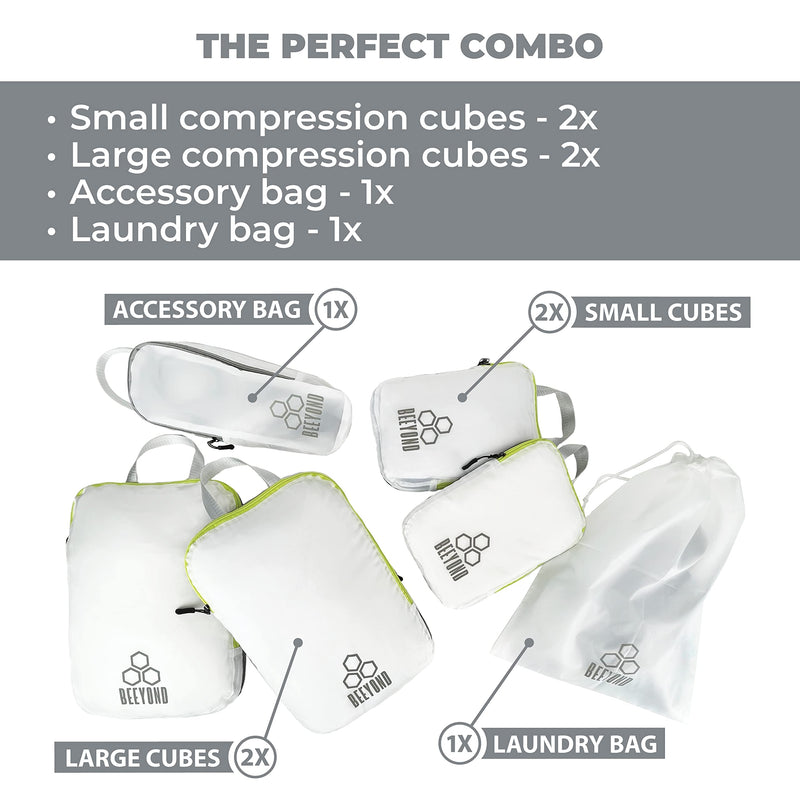 Beeyond Compression Packing Cubes Set - 6 Pieces for Travel and Luggage Organization, Includes Large & Small Cubes, Accessories Bag, and Laundry Bag White & green (6 Pieces)