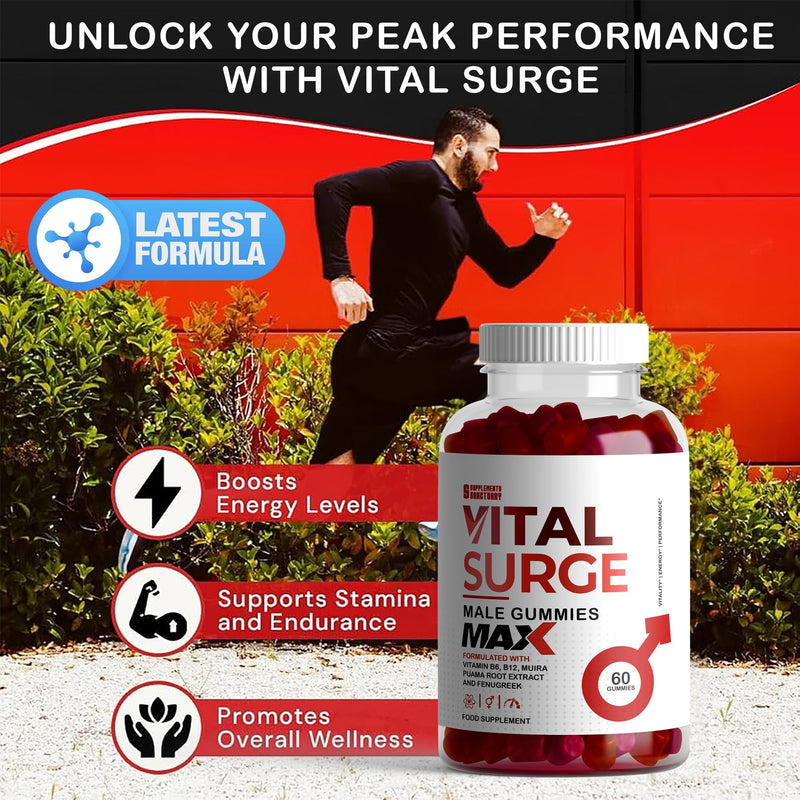 Vital Surge MAX Male Gummies, Maxed Out with Muira Puama and Fenugreek Plus Ashwagandha and Maca, Pack of 60