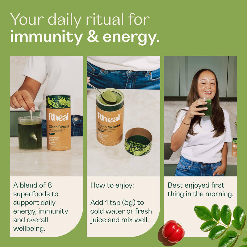 Rheal Clean Greens 150 g, Organic Superfood Greens Powder for Daily Energy & Immunity Support – Certified Organic with Spirulina, Moringa & Wheatgrass – Vegan – 30 Servings, Original