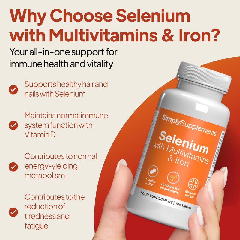 Selenium with Vitamins A, C, D, E & Iron | Supports Healthy Hair, Nails & Immune Function | 360 Tablets (180 + 180) = 12 Months’ | Manufactured in The UK in Accordance with GMP Standards. Unflavoured 180 count (Pack of 2)